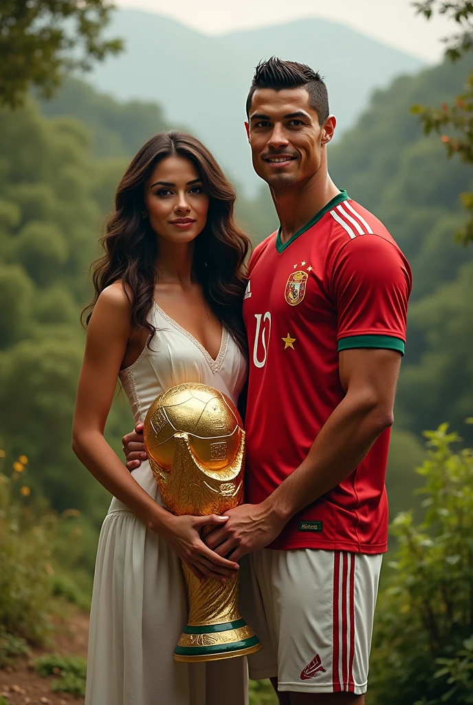 a couple, both around 30 years old, she singer, blonde and in a shiny sequin dress, he in red football uniform with the number 87 on his uniform, don't show faces, just them holding hands with a large trophy behind them