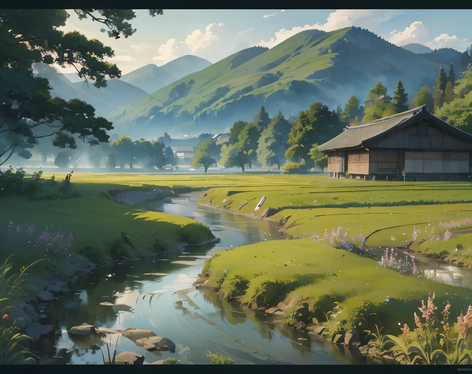 A serene Japanese countryside landscape, watercolor style. In the foreground, a traditional thatched-roof Japanese house stands amidst sprawling rice fields. A small stream meanders through the scene, crossed by a quaint wooden bridge. The background reveals an endless expanse of rural scenery, with distant mountains and a soft sky. The painting should have a gentle, misty quality typical of watercolor, with soft edges and blended colors. Include subtle details like wildflowers along the stream's banks and perhaps a lone figure tending to the fields. Use a palette of greens, blues, and earthy tones to capture the essence of the rural Japanese countryside.