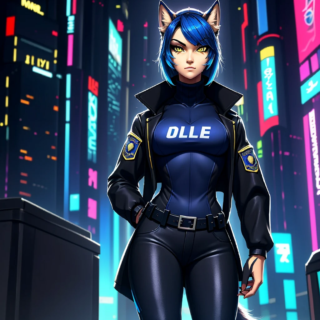 (female) Furry White nine-tail wolf (animal similar to human) (police Cyber) (full furry) (blue Hair)(yellow eye) (black cyberpunk police jeans outfit)(dressed in a long-sleeved turtleneck)(black long sleeveless coat, length to the legs) (black Long police pants) (Beautiful girl style) Solo