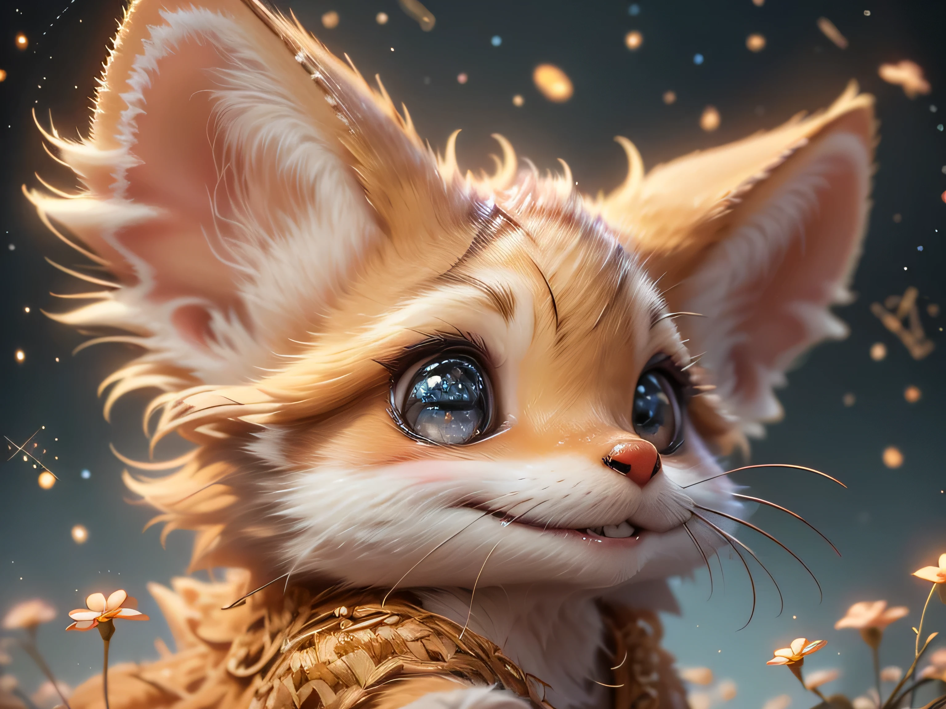 close-up photo super cute, big-eyed, with a soft, gentle nose, fluffy, smiling with two teeth, fennec fox on a natural background, realistic, beautiful, sparkles, stars in the eyes, soft volumetric light, (backlight:1.3), (cinematic:1.2), intricate details, (ArtStation:1.3), Rutkowski --auto --s2