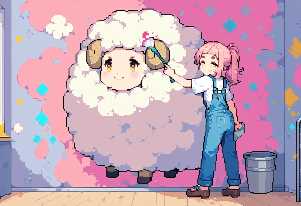 (((Highest quality, 8k, masterpiece: 1.3)), Beautiful pixel art, ((One Woman)), Pink long hair, Fluffy hair, Thick eyebrows, White T-shirt, Blue Overalls, The left shoulder strap of the overalls is hanging down, smile, Pink paint on cheeks, Painting on the wall, Sheep painting on the wall, holding a brush in hand, holding a bucket of paint in his hand, Graphical art, (Vivid colors), (Painting the walls), A sheep painted red, blue and yellow