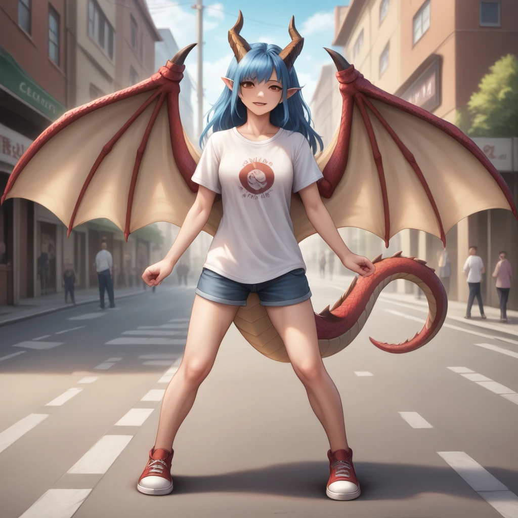 Anime girl with blue hair and horns on a street, 3D realistic anime, 2. 5 d cgi anime fantasy artwork, anime style 3d, anime style. 8k, 4k anime style, 3d style realistic anime, deviantart artstation cgscosiety, digital anime art, guweiz style art art, detailed digital anime art, white shirt, dragon wings