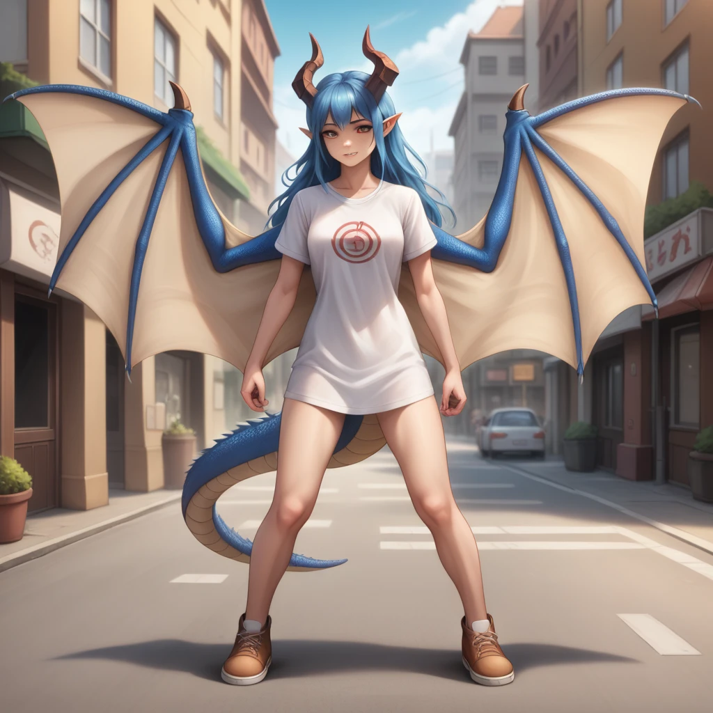 Anime girl with blue hair and horns on a street, 3D realistic anime, 2. 5 d cgi anime fantasy artwork, anime style 3d, anime style. 8k, 4k anime style, 3d style realistic anime, deviantart artstation cgscosiety, digital anime art, guweiz style art art, detailed digital anime art, white shirt, dragon wings