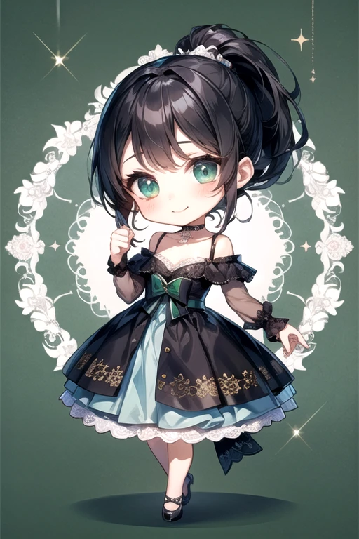 (Highest quality)、(Highest quality)、cute、(choker).eyes are emerald、(ponytail)、(Black Hair)、(cuteドレス).(Lace dress).((Chibi Character)).