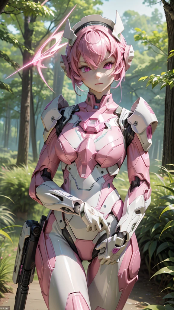 One Girl, alone, High resolution, vision, Accurate, Highest quality, 超High resolution, Shortcuts, ((Android、maid型、maid、Inorganic skin))、future、(Pale skin、saturated color)、pistol、(pink、maid服、skinny、Bodysuits)、(Deep Eyes、(Glowing Eyes、pink色、)Lens cover、Expressionless、Machine Face)、Get your gun ready?、mannequin、(background、forest、grassland)、Full Mask