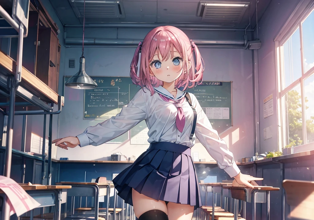 1 girl with pink hair, blue eyes, Blue school uniform with short skirt that reveals pink panties with stockings, in a school classroom, high quality 2k