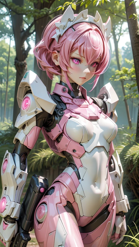 One Girl, alone, High resolution, vision, Accurate, Highest quality, 超High resolution, Shortcuts, ((Android、maid型、maid、Inorganic skin))、future、(Pale skin、saturated color)、pistol、(pink、maid服、skinny、Bodysuits)、(Deep Eyes、(Glowing Eyes、pink色、)Lens cover、Expressionless、Machine Face)、Get your gun ready?、mannequin、(background、forest、grassland)、Full Face