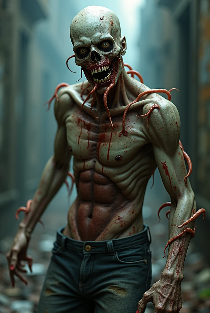 a man covered in blood. He’s wearing blue jeans and white sneakers. He’s shirtless, muscular and athletic. He leans slightly back, laughing out loud with his arms spread apart. His eyes are scary. His skin is very pale and he has black veins on his body. He has red blood on his hands and everywhere on his body. In its back, it has four large tentacles measuring more than 3 meters and at the end of its tentacles there is a sharp and venomous dart. He can control his tentacles. He’s slightly in profile. Around him, the ruins and buildings are on fire. [Male] [Bad] [Red blood] [Laughter] [Scary] [Athletic and muscular body] [Bare torso] [Black vein running through his body]