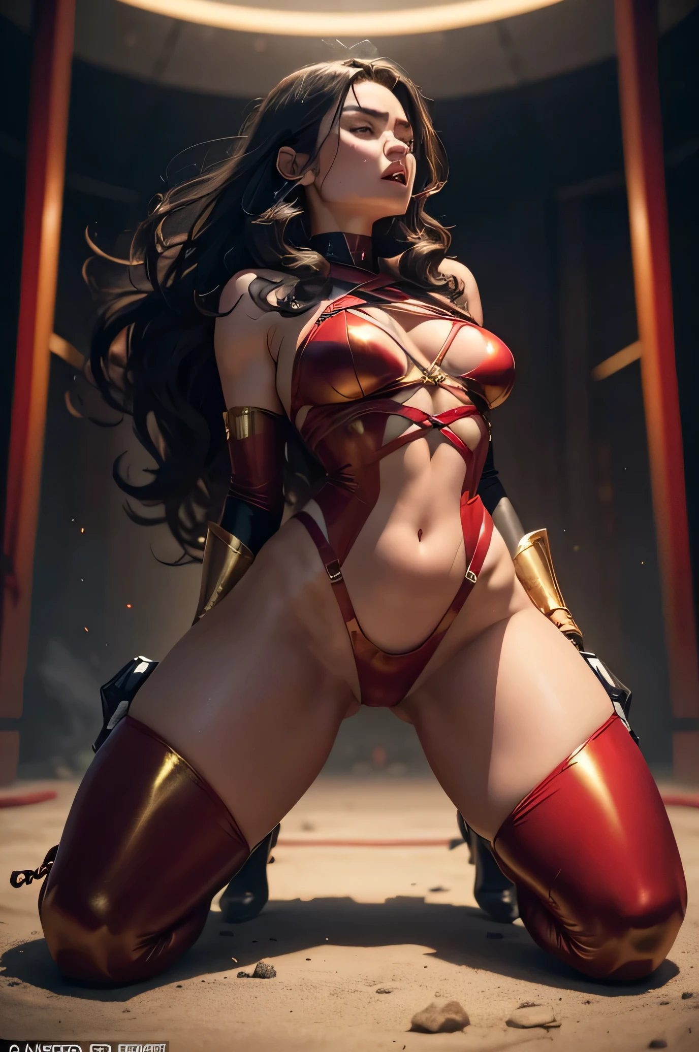 Jennifer Garner, warrior, super realistic, narrow waist, large breasts, shear and see-through clothing, sultry stare, sexy, 4k resolution, lots of cameltoe, lots of camel toe, holding weapon, red hair, outfit is skimpy and barely covering boobs, large perky tits, holding weapon up, all red outfit, ass facing the camera