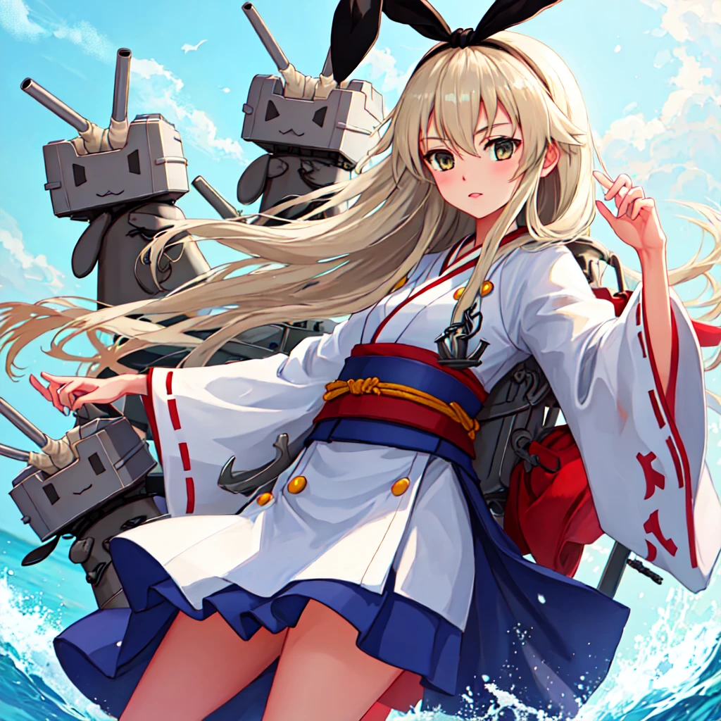 best quality, masterpiece, highres, solo, {shimakaze_kantaicollection:0.90}, {white kimono:1.35}, {red hakama:1.35}, {wide sleeves:1.20}