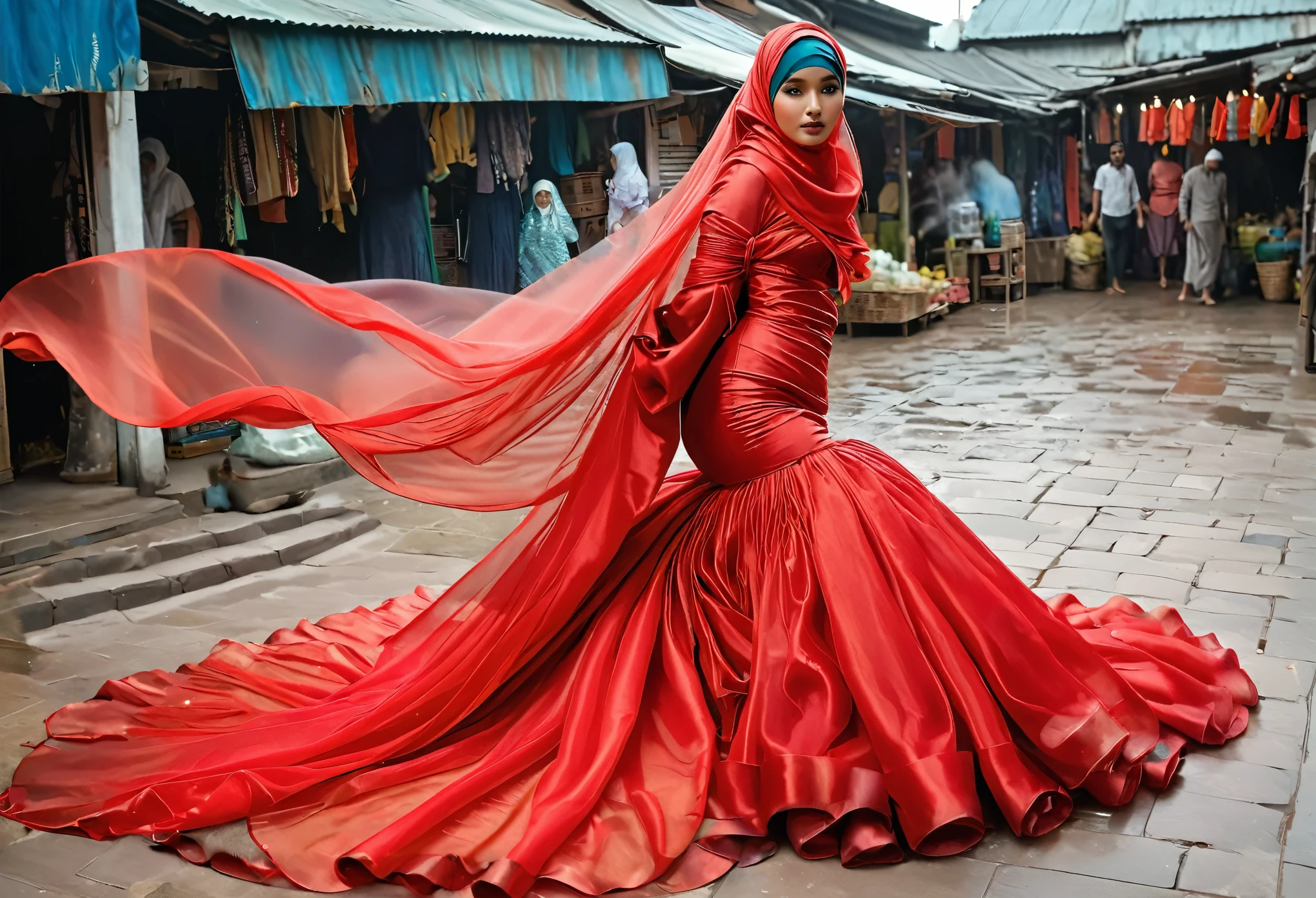 A woman shrouded in 9 meters of red silk organza, tight wrapped from the waist to the thighs and mermaid shape on the bottom of dress, tied tightly and magnificently draped along her body shape, 9 meter long flowing dress tail on the floor, strugle to handle her dress,styled in mermaid inspired clothing, her head is simply veiled in a satin hijab, 185cm tall woman, walking in traditional cloth market, full body pose conveying an elegant impression, caught on camera in resolution 4k, very realistic