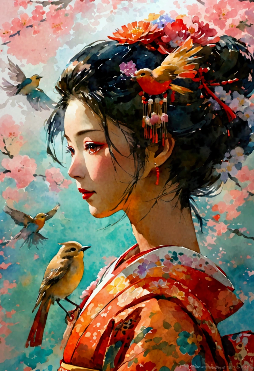 Watercolor style of a Japanese oiran woman from the upper body, with a small bird on her shoulder. The woman has traditional hair and kimono, showcasing elegance and grace, with a serene expression as she interacts with the bird.