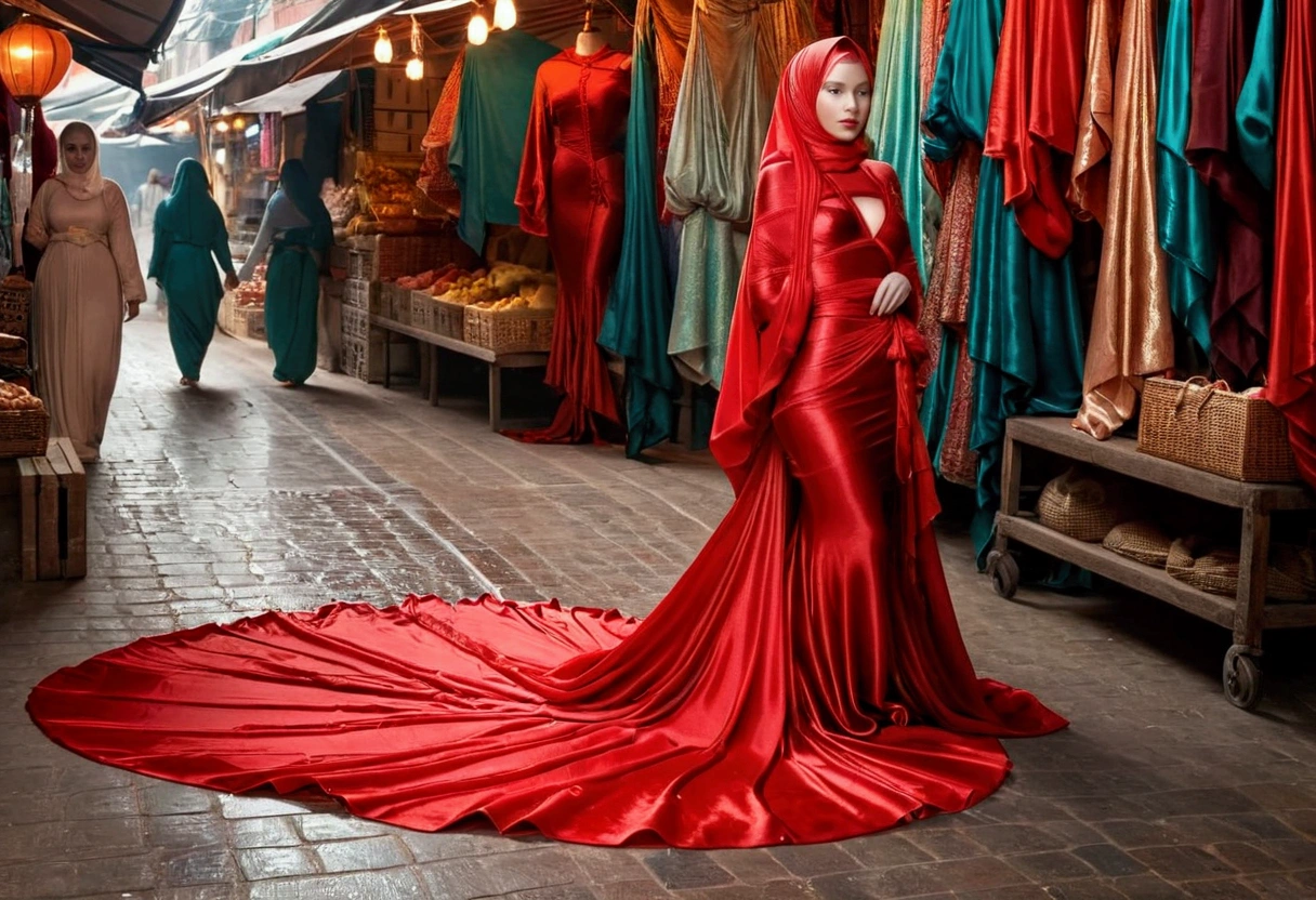 A woman shrouded in 9 meters of red silk shimmer, tight wrapped from the waist to the thighs and mermaid shape on the bottom of dress, tied tightly and magnificently draped along her body shape, big breeast, 9 meter long flowing dress tail on the floor, subcject tied tight,strugle to handle her dress,styled in mermaid inspired clothing, her head is simply veiled in a satin hijab, 185cm tall woman, walking in traditional coloth market, full body pose conveying an elegant impression, caught on camera in resolution 4k, very realistic