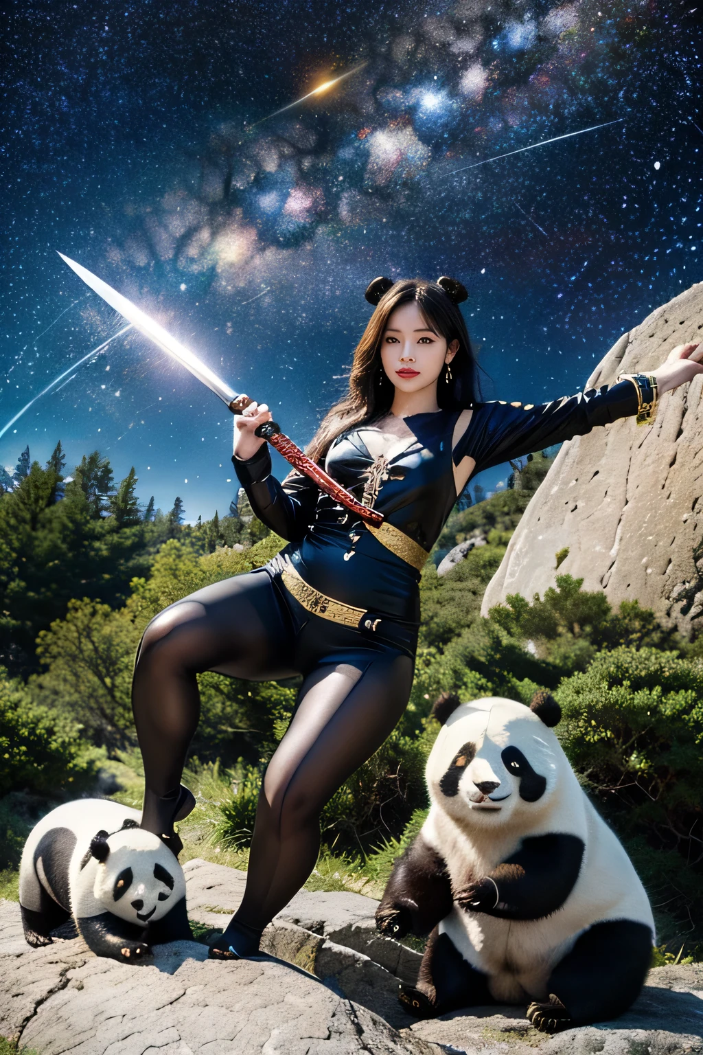 Highest quality, masterpiece, Realistic, High resolution, 8K RAW Photos, 1girl、Long Hair、goddess、Holding a decorated sword、Raise your sword、Glamour、(White bodysuit with panda motif、Gold Edge)、during、Earrings、(Action pose)、(On a rock on a planet where you can see a meteor shower)、(Many tentacles floating in the starry sky）、Panda Shield、Panda Missile、Panda Sword、Panda Armor、Attack with Panda、Panda fighting goddess、horn、