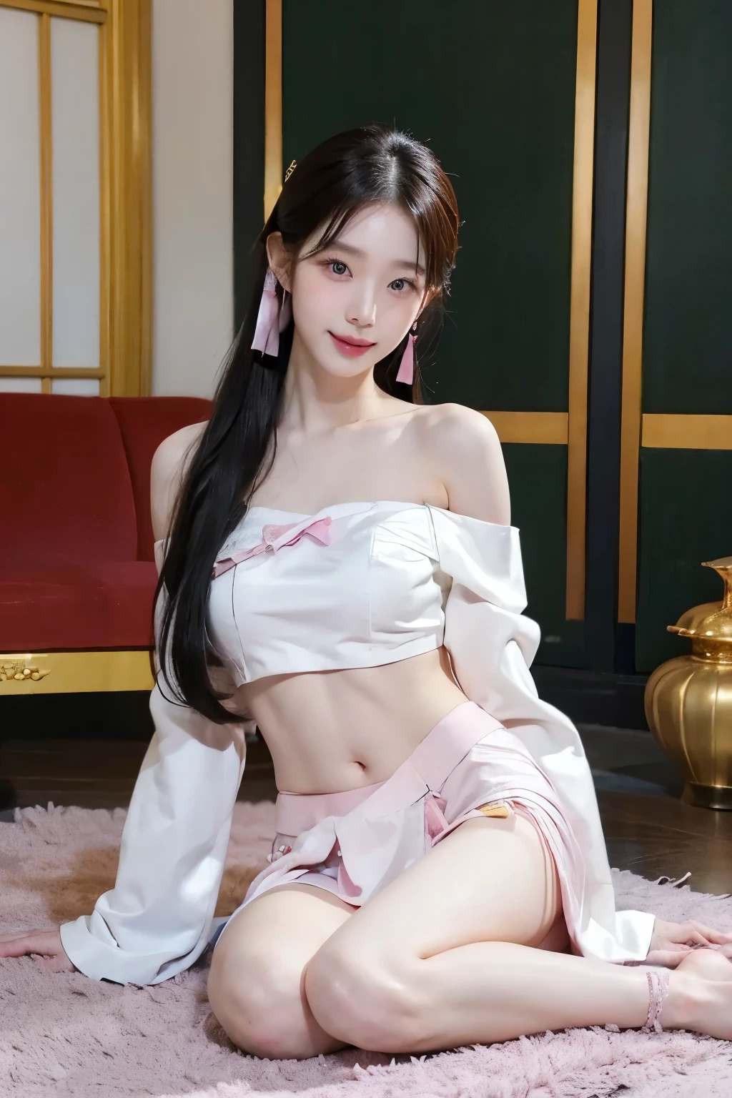 ((beautiful korean girl)), ((super bright pale skin)), ((glamour sensual body)), ((high-level image quality)), (Like a shot with an SLR) , ((Beautiful legs)), ((little smile)), ((various colorful hanbok)), ((semi-nude looks)), ((super pretty face)), ((Hair covers the ears and makes them invisible)), ((navel exposed)), ((slender but big breast)), ((off the shoulder)), ((underboob)), ((long black hairs)), ((sexy posture)), antient asian palace indoor background