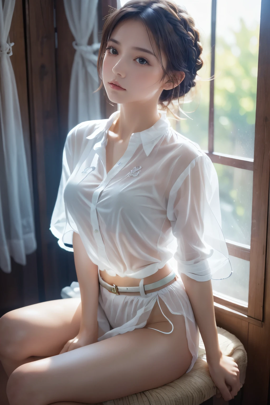 (Highest quality, masterpiece, High resolution:1.1),Use natural light and colour, Hyper-detailed clothes, Cinematic Light, One girl,amount, Embarrassing ,blush, Braided short hair, Beautiful breasts, Chest belt,race, Upper Body,(Transparent shirt:1.4), Against the light from the window, Large windows, (body silhouette:1.4), Diagonally below、Give light to the face with a reflector、Sitting in a beautiful chair、Legs crossed