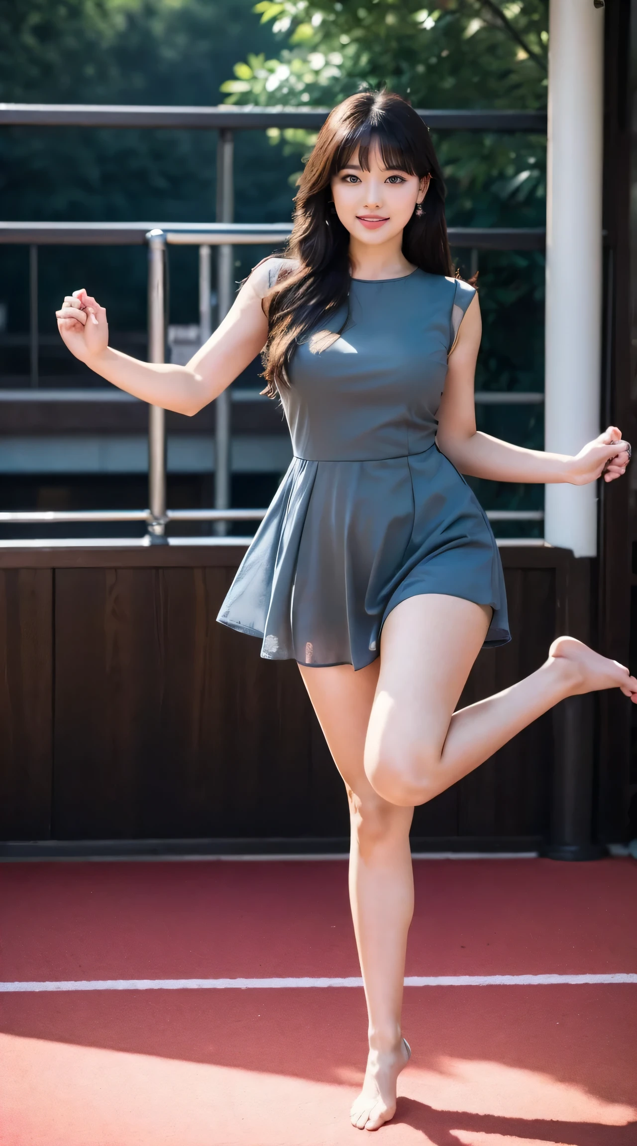 detailed,Clear lines,Highest quality, masterpiece、Overnight parking、Dark Light、Canon Photo Crystal Clear ,(Realistically:1.2), (Olive colored casual dress)、Action pose、Fight、Karate techniques、((Lift your leg and kick))、Take a full body photo、smile、Glamour body type、Medium Long Hair