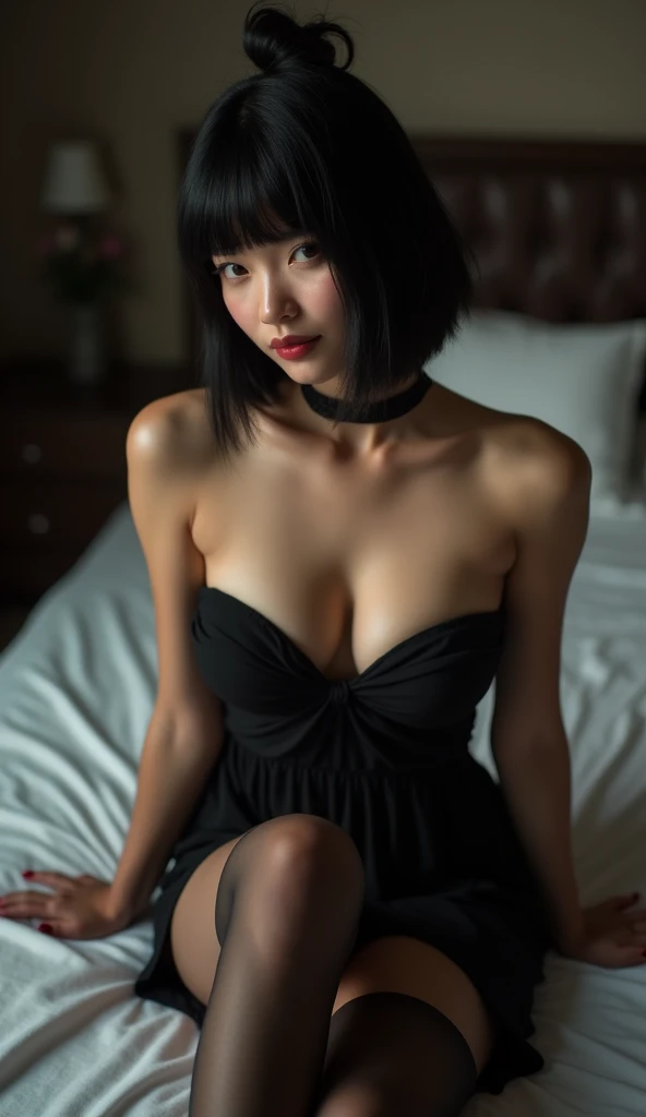 ((Top Quality, 8k, Masterpiece: 1.4)), A Japanese Lady, very short hair, buzz cut, Naked, Skinny, 25-years old, ((look at a camera:1.2)), nside bedroom, huge breasts, (spread pussy:1.2), (wet pussy:1.0)), ((wet body:1.1)), ((orgasm face:1.1)), ((Large darlk areola:1.4)), ((see through black tank top:1.1)), ((standing, from side:1.3)), half smile, full body, black knee highs,