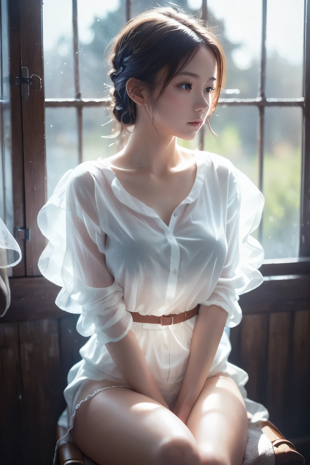 (Highest quality, masterpiece, High resolution:1.1),Use natural light and colour, Hyper-detailed clothes, Cinematic Light, One girl,amount, Embarrassing ,blush, Braided short hair, Beautiful breasts, Chest belt,race, Upper Body,(Transparent shirt:1.4), Against the light from the window, Large windows, (body silhouette:1.4), Diagonally below、Give light to the face with a reflector、Sitting in a beautiful chair、Legs crossed