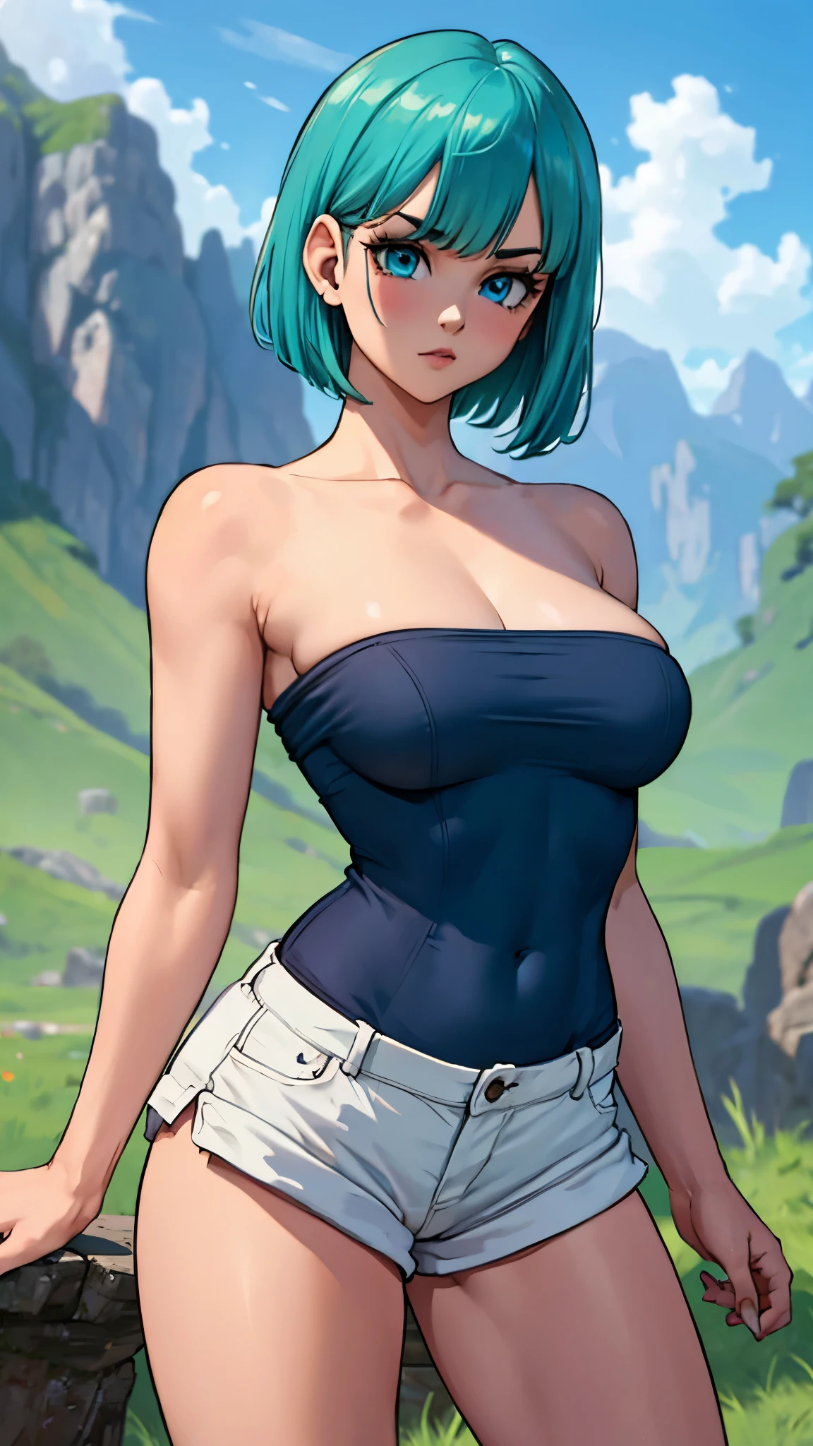 1girl, masterpiece, best_quality:0.5, highres, 4K image, (incredible_details:0.7), absurdes, sharpen image, perfect focus on character, ((closeup_view:1.0)), BUlma, short hair, bangs, aqua-hair, blue eyes, medium breasts, (blue top), strapless, (sleeveless), (white shorts), perfect legs, perfect body, sunnyday day, open field, mountains, trees, ((blur background)), standing solo