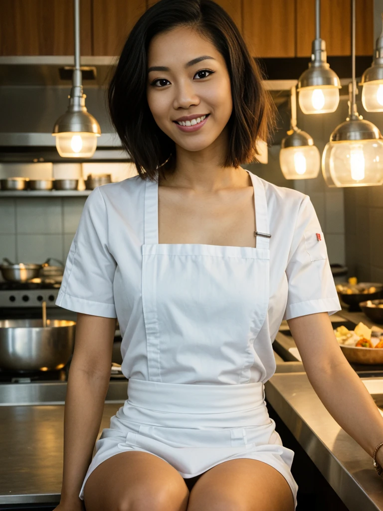 RAW PHOTO, her name is Sue, ((looking at viewer)), high quality, 1 woman, ((28-years-old slim body filipino woman)), (((28-years-old))), (((mature woman))), ((((slim body))), (((short bob))), (((she is wearing a chef's outfit))), BREAK, sitting dynamic pose, BACKGROUND: indoor: In a modern fusion restaurants kitchen ((looking at viewer)), BREAK, realistic lighting, film grain, flirtatious smile, 