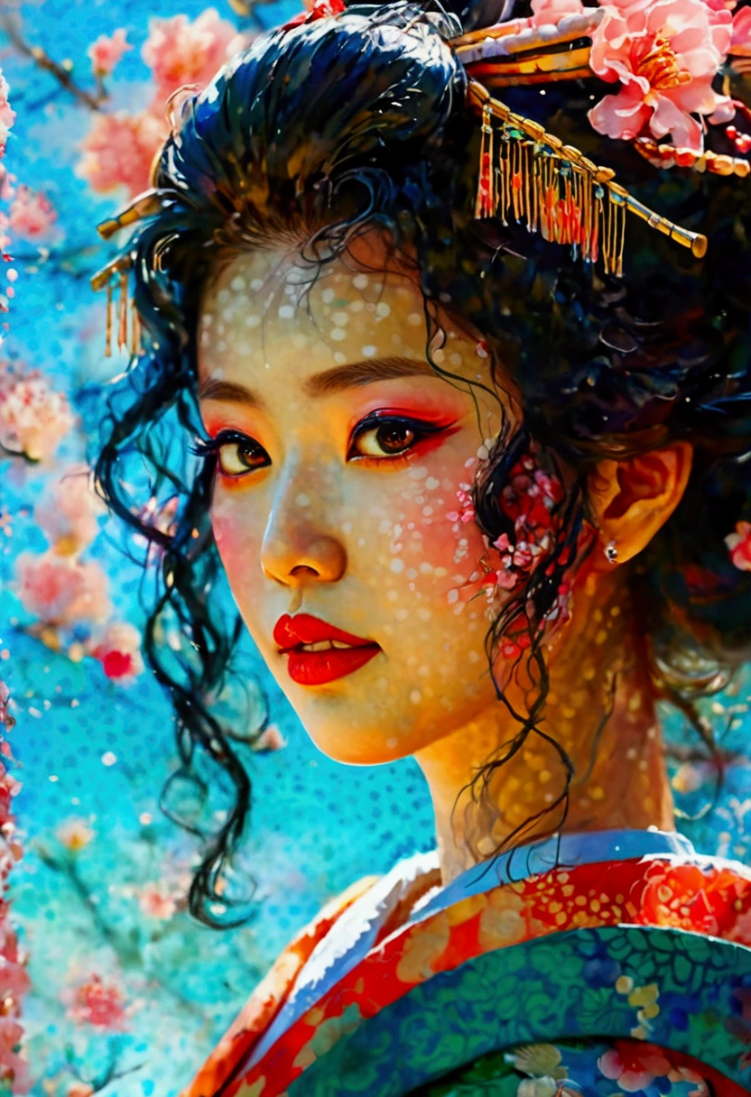 Watercolor style close-up of a Japanese oiran woman's face against a blue sky. Her expression is serene, with traditional hair and makeup, capturing the beauty and elegance of the oiran tradition.