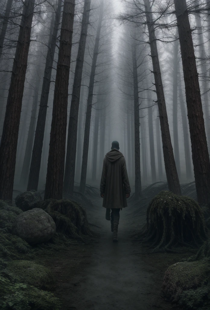 (master piece) Nature in 4K quality, featuring a realistic forest with dead trees, heavy fog, a stone path flowing through the scene, and a four-legged creature walking; gray color temperature, sunless weather, the atmosphere is quiet and creepy, with non-human creatures watching