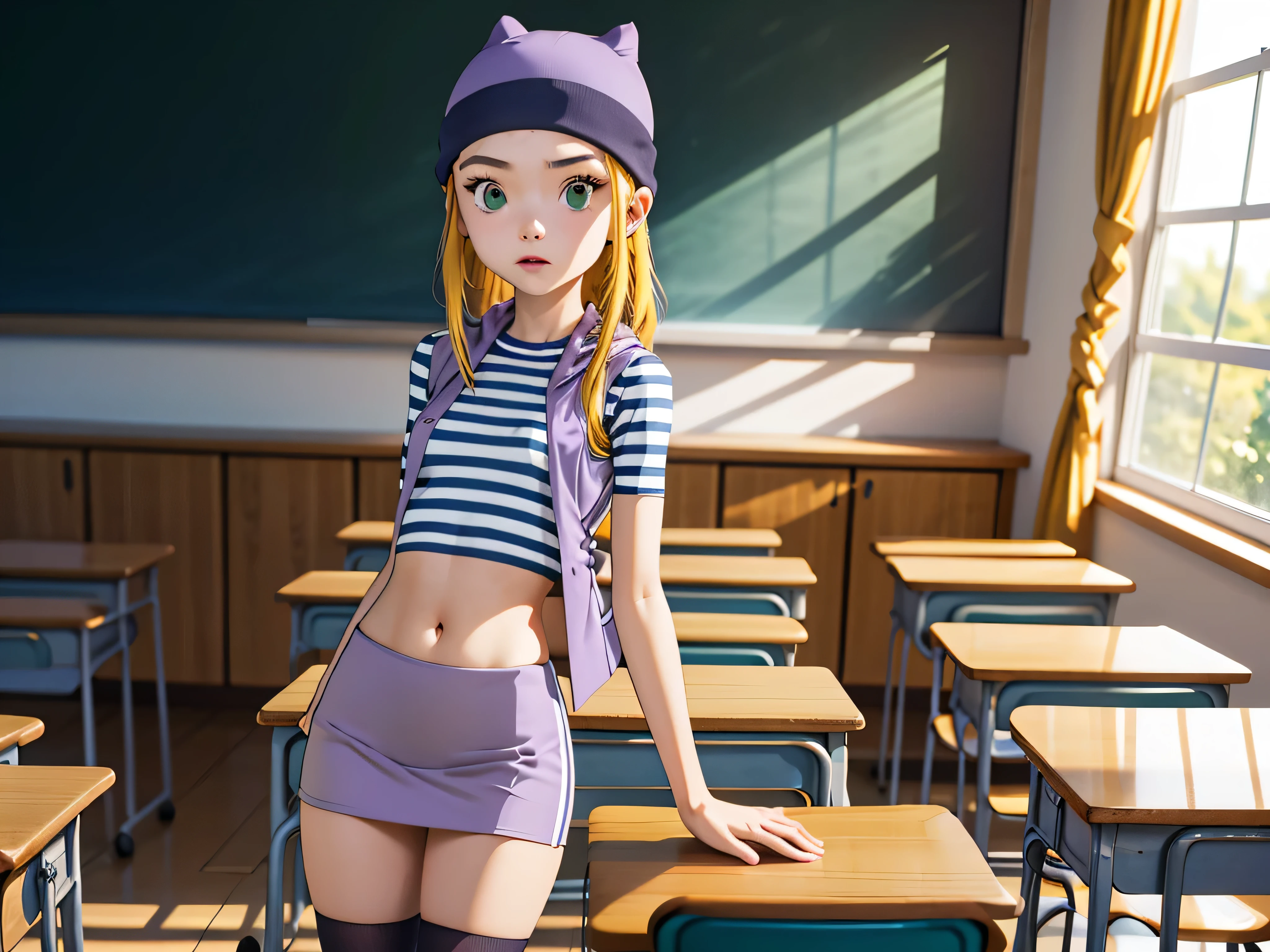 (masterpiece, best quality), 1girl, izumi Orimoto, indoors, classroom, green eyes, blonde hair, long hair, purple beanie, purple vest, purple miniskirt, blue white striped shirt, long purple socks, purple vest, striped shirt, navel shirt, small  size breast. ponytail