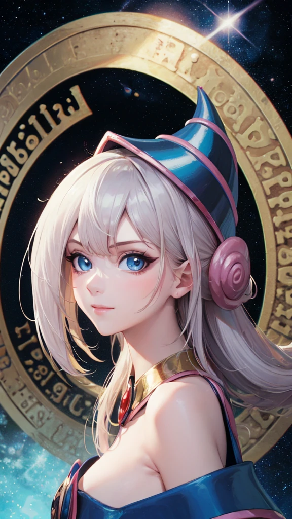 Hyperrealistic portrait of a young Dark Magician Girl with a mischievous expression. She wears only LINGERIE that highlights her figure, with ultra-white, glowing skin that looks almost ethereal. Her hair is extremely long, silky and smooth, of a vibrant silver, with a beautiful fringe that frames her face. She has a high ponytail that adds a touch of youthful elegance.. Her big blue eyes shine like jewels, reflecting impeccable beauty. Illumination that highlights your cheekbones, with a glossy finish that highlights its dazzling appearance., STRIPPING