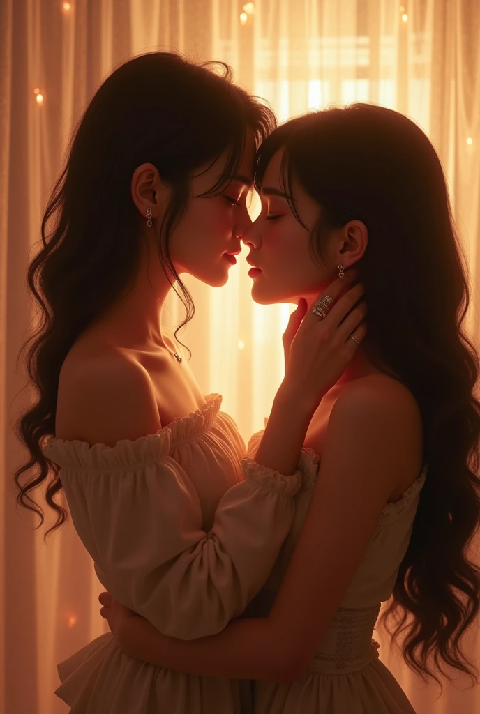 two girls are deeply in love with each other, kiss, romantic atmosphere