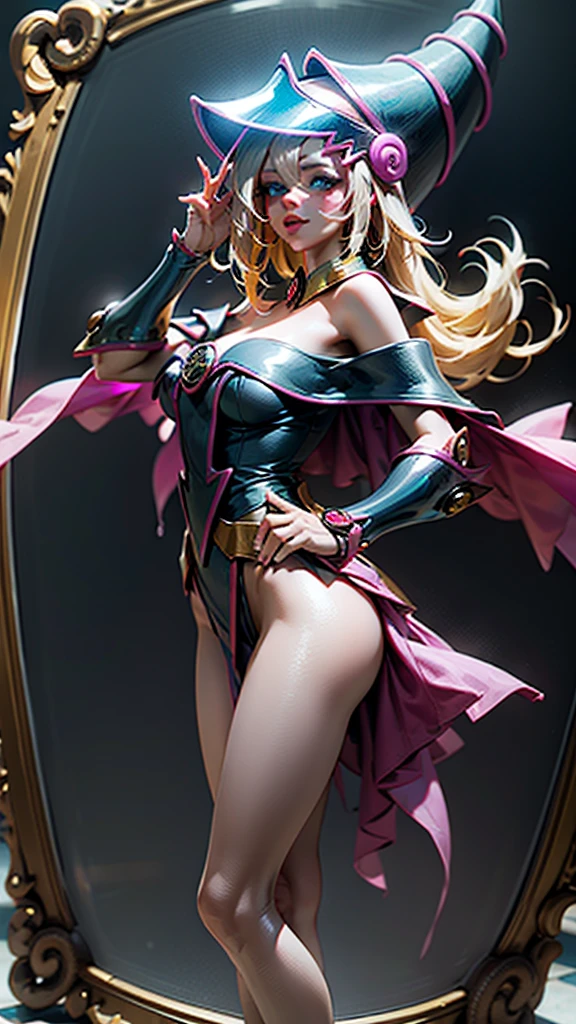 Hyperrealistic portrait of a young Dark Magician Girl with a mischievous expression. She wears ONLY A NEGLIGEE that highlights her figure, with ultra-white, glowing skin that looks almost ethereal. Her hair is extremely long, silky and smooth, of a vibrant purple, with a beautiful fringe that frames her face. She has a high ponytail that adds a touch of youthful elegance.. Her big blue eyes shine like jewels, reflecting impeccable beauty. Illumination that highlights your cheekbones, with a glossy finish that highlights its dazzling appearance. (ORGASM: 1), (NSFW:0.5), STRIPPING