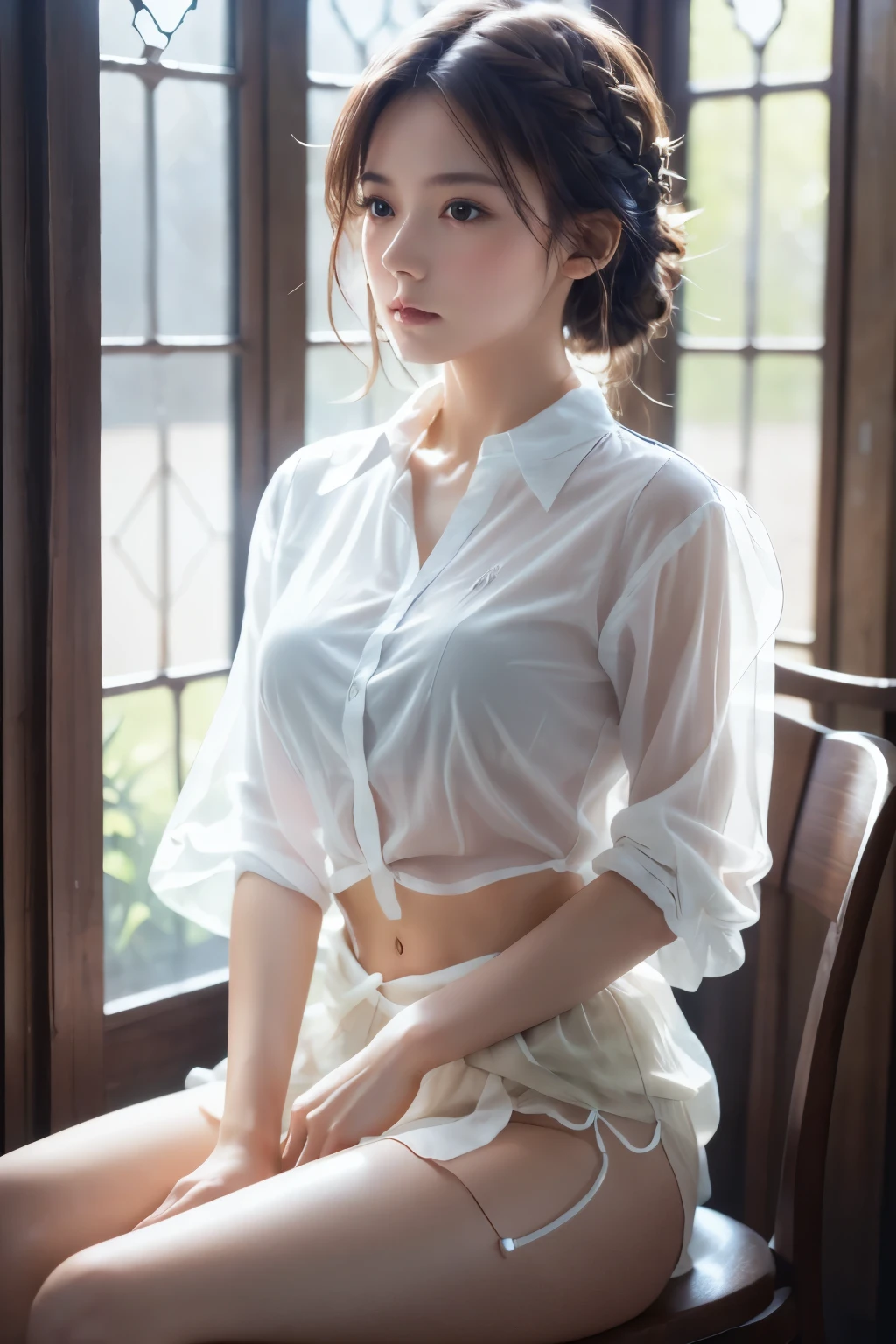 (Highest quality, masterpiece, High resolution:1.1),Use natural light and colour, Hyper-detailed clothes, Cinematic Light, One girl,amount, Embarrassing ,blush, Braided short hair, Beautiful breasts, Chest belt,race, Upper Body,(Transparent shirt:1.4), Against the light from the window, Large windows, (body silhouette:1.4), Diagonally below、Give light to the face with a reflector、Sitting in a beautiful chair、Legs crossed