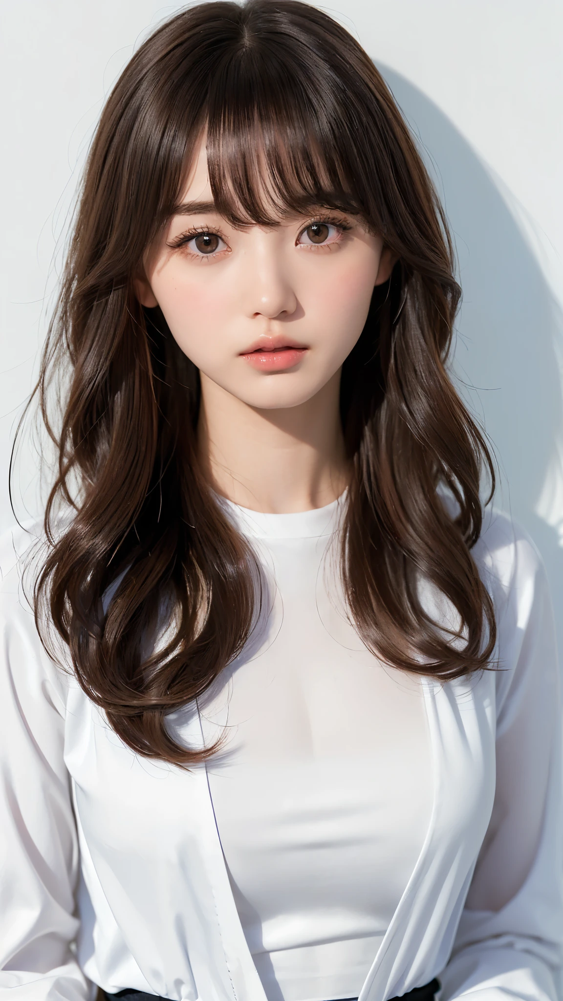 ( Highest quality、High resolution:1.4、Very attractive beauty、A charming beautiful woman、Wavy Hair、Long Hair、Shiny Hair、bangs:1.4、光沢のあるbangs:1.4)、1 girl、Wearing a jacket、Training wear、black_Sheer skirt、Red stiletto heels, glossy lips, Big eyes)、((White mortar mural background))、((Long neck))、Very cute supermodel、(((whole body、Glowing Skin)))、portrait、Ultra-high quality faces、Korean Idol