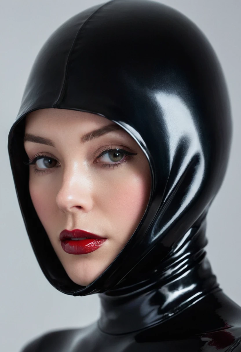 A a well lit close-up image of a woman wearing a glossy black latex bodysuit and a matching black latexhood that covers her entire head except for her eyes and mouth. The suit reflects the soft ambient lighting, highlighting its smooth texture and emphsise her large bust. Her lips are painted in a deep red lipstick, she looks directly at the camera. The atmosphere is sophisticated and slightly enigmatic