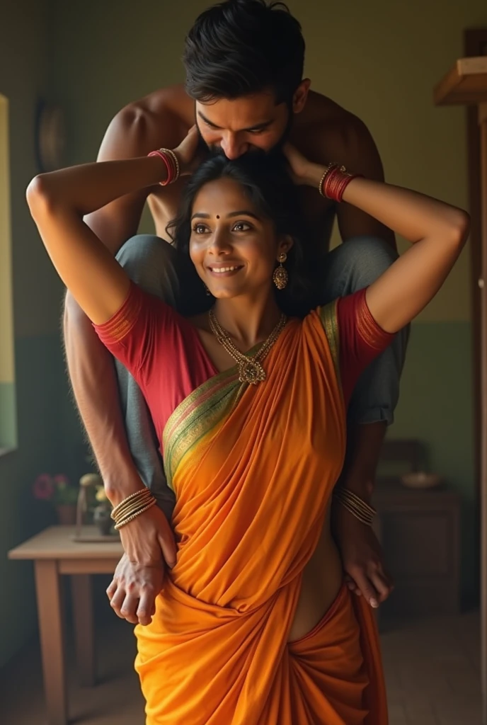 a tall and beautiful gorgeous Indian actress in satin blue saree carrying a large man on her shoulder , man issitting on her shoulders in home balcony , natural smile, she has strong arms, traditional