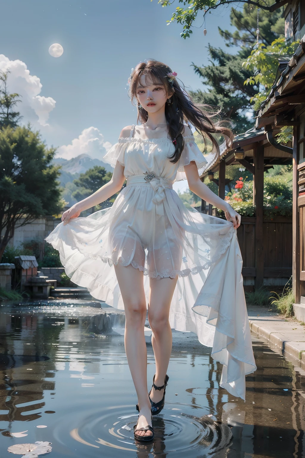 (8k, RAW photo: 1.2), highest quality, ultra high resolution, full body, (fluttering detailed color splash), (illustration), (one girl))), (long hair), (rain: 0.9), (hair ornament: 1.4), there is an ancient palace beside a woman, dress, (focus), color ink wash painting, (color splash), colorful splash, ( Colorful))), (sketch: 0.8), masterpiece, highest quality, beautifully painted, highly detailed, (noise removal: 0.6), [splash ink],((ink refraction),(beautiful detail sky),moon,high,detail,(masterpiece, best quality, highly detailed cg unity 8k wallpaper,masterpiece, best quality, super detail),(Lycoris radiata)