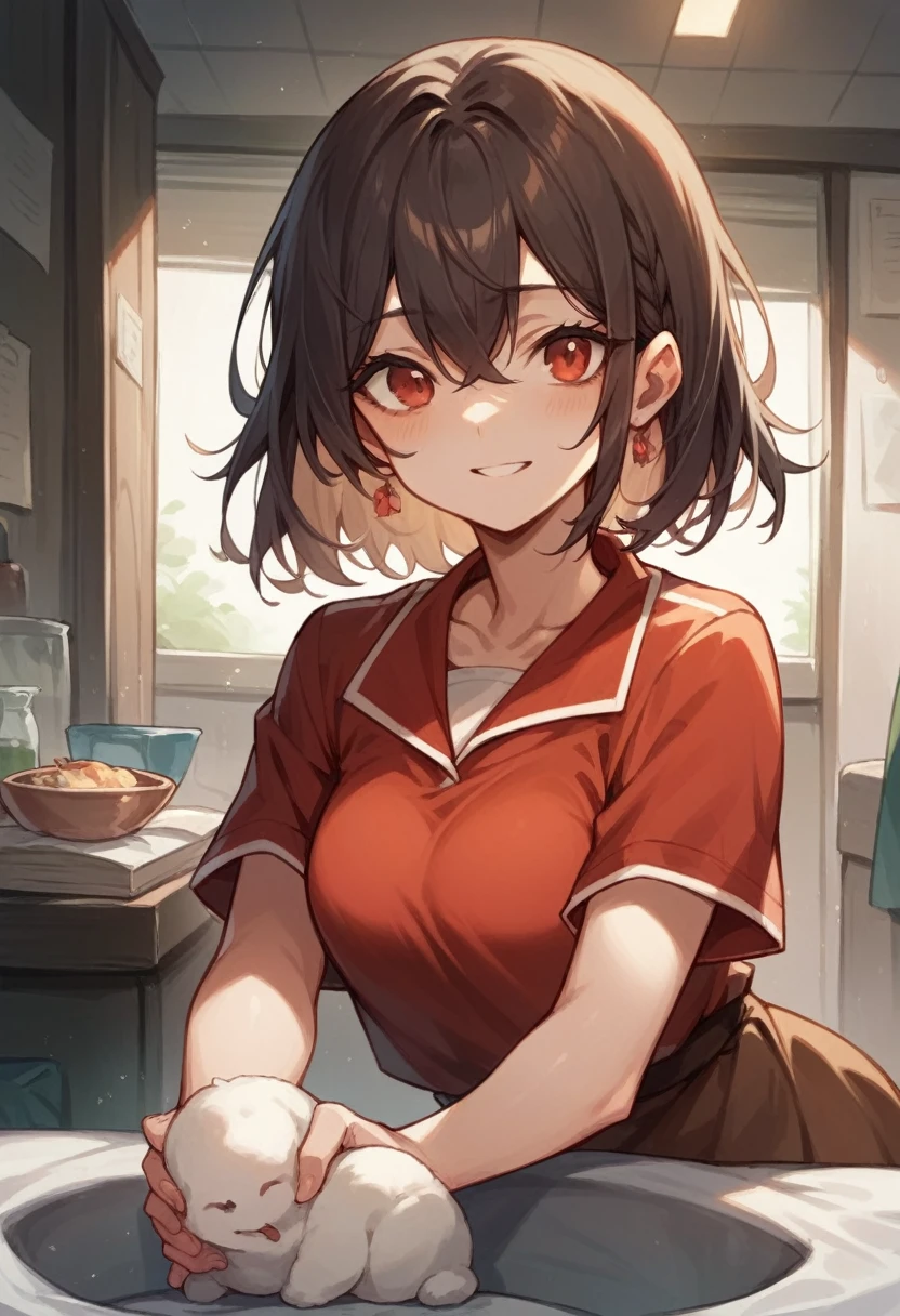 (dynamic angle:1.3, front view:1.1, breast focus:1.3, from below:1.2), (dynamic posing:1.5, sexy posing:1.3, leaning forward), (seductive smiling:1.3),masterpiece, 1girl, (pointed chest:1.3), cleavage:1.1,(double breasted:1.2,under bust:1.2), Amazing Cleavage:1.3, thin waist, cute ass, Raised sexy, (small breast: 1.4) posed cleavage:1.2、solo, looking at viewer, open mouth, have a grass of beergrass,black hair, blue eyes, bare shoulders, jewelry, collarbone, sidelocks, hairband, earrings, indoors, (red off shoulder sweater dress:1.3,skirts:1.2), arms behind back, short hair with long locks, blue white hairband, big side hair, very long side hair is rendered in (masterpiece: 1.2, best quality), with (ultra high resolution) and an exquisite (depth of field). This masterpiece is not only visually stunning but also tells, a scene of cooking in the kitchen