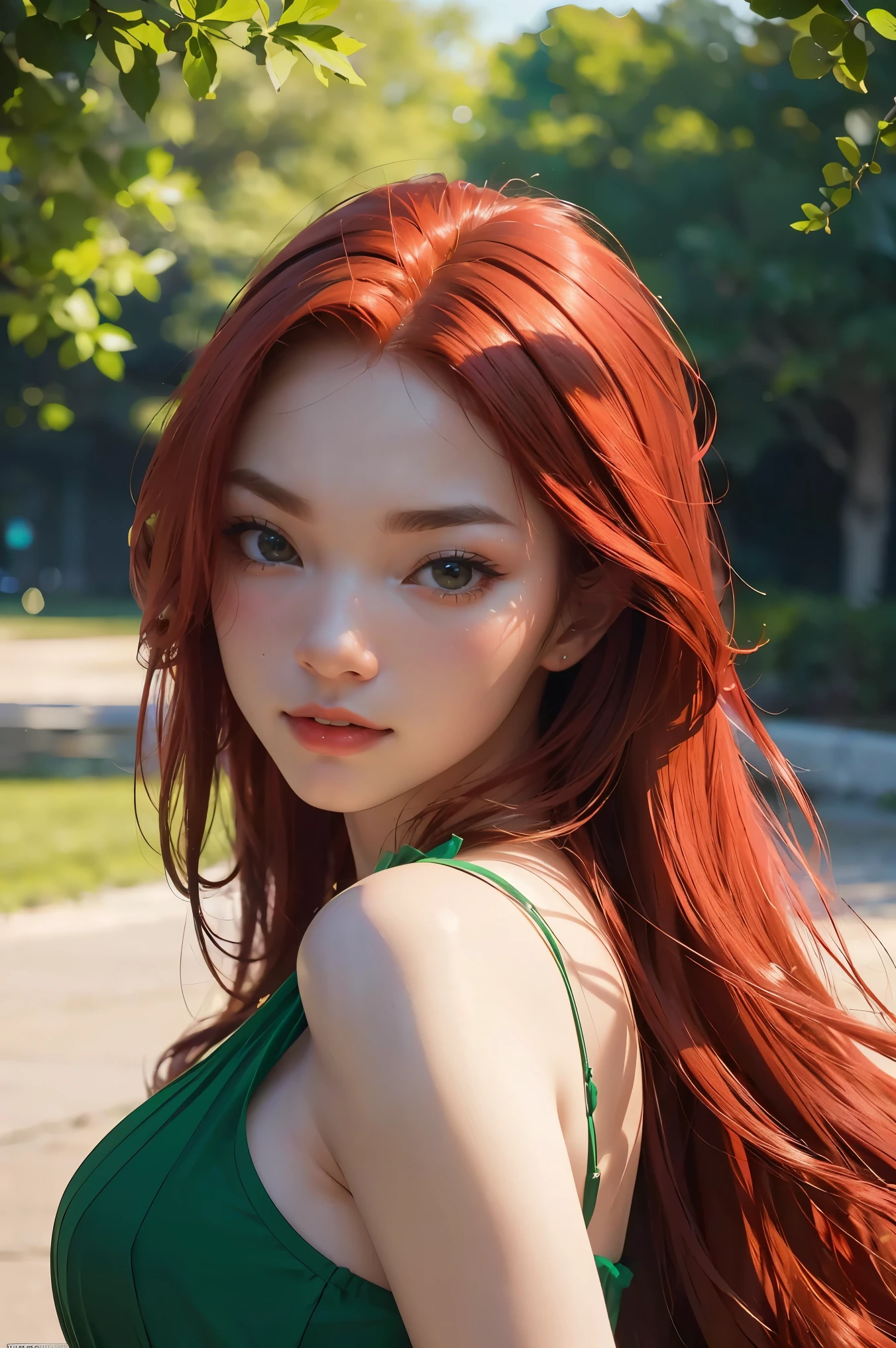 a close up of a woman in a green dress in a forest with red hair large breast, elemental, elemental guardian of life, full portrait of elementalist, romance novel cover, fire elemental, young adult fantasy novel cover, fantasy book cover, magical elements, romance book cover, extraterrestrial plants novel, extraordinarily detailed woman, urban fantasy romance book cover, fantasy elements