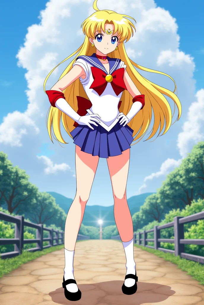 ((Sailor Venus:1.3)), ((Yellow mini skirt:1.3)), ((Red ribbon in hair:1.3)), ((highest quality, High resolution, Hmph, Perfect Pixel, 16K, Hmph, Hmph))), One Girl, single, alone, Beauty、((The whole body is visible:1.5))、((Detailed face, Blushing:1.2)), ((Smooth texture:0.75, Realistic texture:0.65, Realistic:1.3, Anime CG Style)), Medium chest, Dynamic Angle, Perfect body,garden、Very embarrassing panic smile、、Angle from below, Thick lips, ((Showing panties:1.3)), Perfect Fingers:1.5