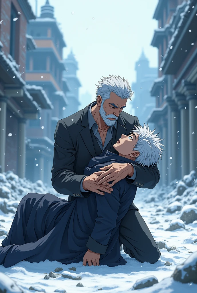 young teenager man white hair pointy blue eyes. attractive holds his father in his arms while dying this gentleman looks older pointy white hair goatee attractive and strong body. with a snowy background in a setting with a lot of destruction inside a snow-covered city in anime style.
They are on the ground
