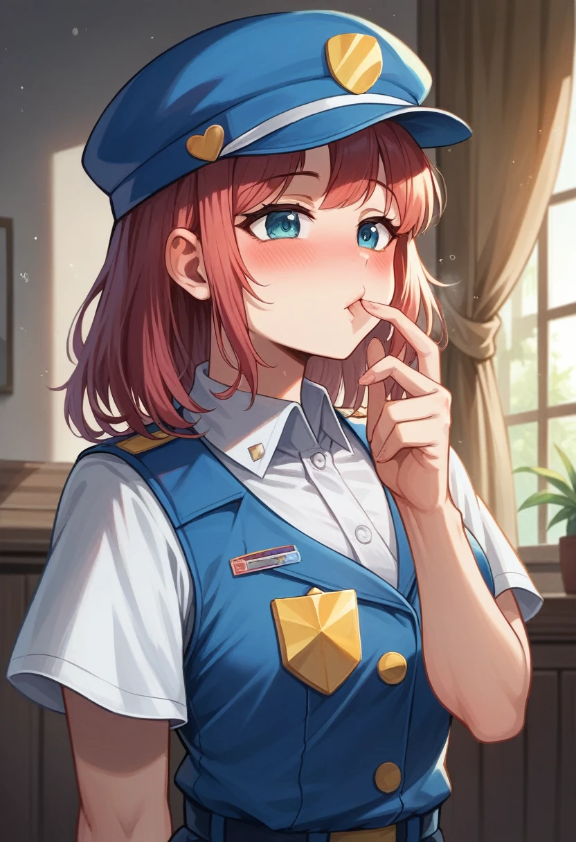 (masterpiece, best quality), 1girl(beautiful face, gwendolyn_tennyson, breasts, orange hair, short hair, green eyes),detailed face, a weary face, parted lips, nose blush, blush, solo, head tilt, police woman, low blue shirts, belts, dark blue skirt, ultra mini skirt, brown pantyhose, police hat, white gloves, office, on the chair, sitting, spread legs, sexy waist teasing,