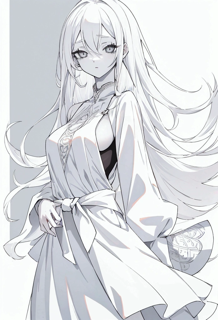 one anime girl, white hair, grey eyes, pale skin , fine and delicate features, loose hair, "white eyelashes", short white dress (summer style)  , , straight hair, , ultra detailed, high quality, vibrant colors, ,, Teen, medium breasts, image from head to waist.