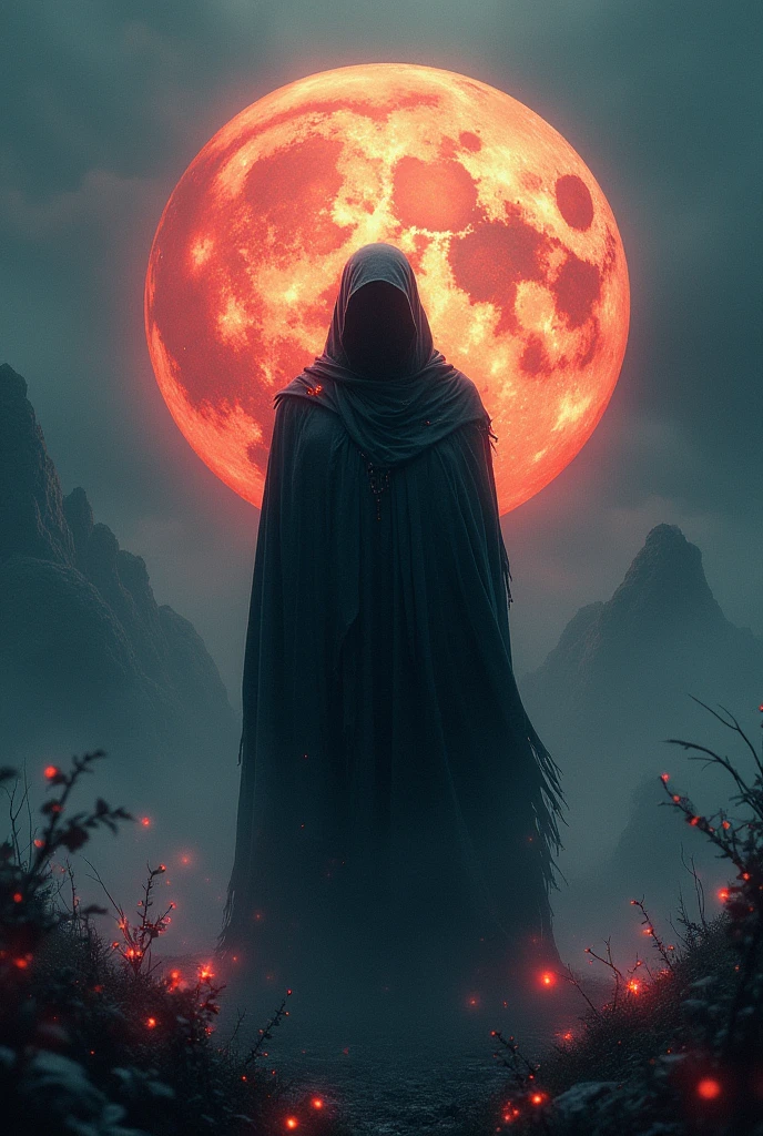 A dark and ominous scene of blood magic being conjured. In the center of a desolate battlefield, a pool of blood begins to pulsate and lift off the ground, forming a floating sphere of deep crimson, almost black, with dark veins extending outward. A lone male figure stands at the center of the scene, his eyes glowing with a menacing red light as he performs the blood magic. He is dressed in tattered, dark robes, and his hands are raised, manipulating the blood with arcane gestures. The surrounding area is lifeless, with the ground cracked and the air thick with the scent of iron. The sphere of blood glows with an eerie red light, casting sinister shadows. The environment around it is darkened, as if the blood is absorbing all light, creating an atmosphere of death and decay.