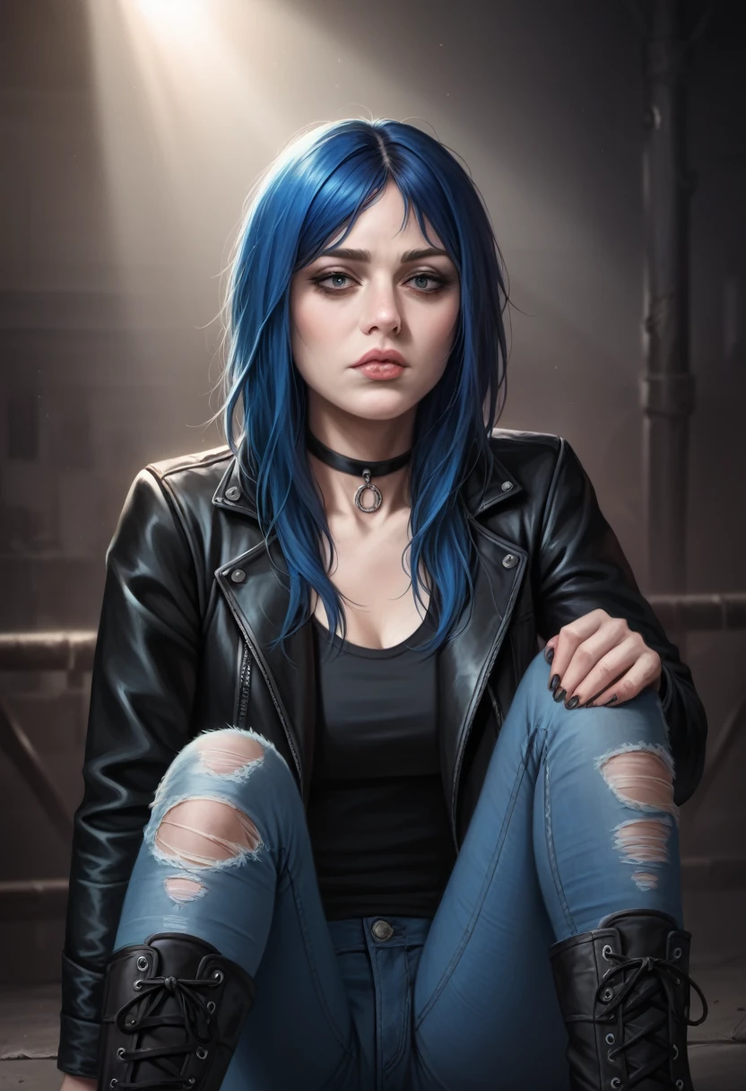 a beautiful young emo girl, long blue hair, septum piercing, detailed facial features, beautiful eyes, detailed lips, pale skin, slim figure, black choker, black leather jacket, ripped black skinny jeans, black combat boots, moody expression, atmospheric lighting, cinematic composition, dark colors, dramatic contrast, (best quality,4k,8k,highres,masterpiece:1.2),ultra-detailed,(realistic,photorealistic,photo-realistic:1.37)