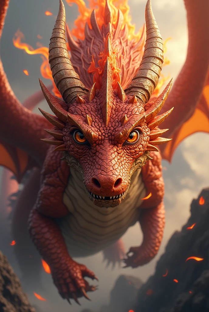 A highly detailed, photorealistic red dragon, epic fantasy dragon, dramatic pose, powerful and majestic, intricate scales, glowing eyes, open mouth with sharp teeth, breathing fire, dramatic lighting, cinematic composition, vibrant colors, detailed background with mountains, clouds, epic fantasy landscape