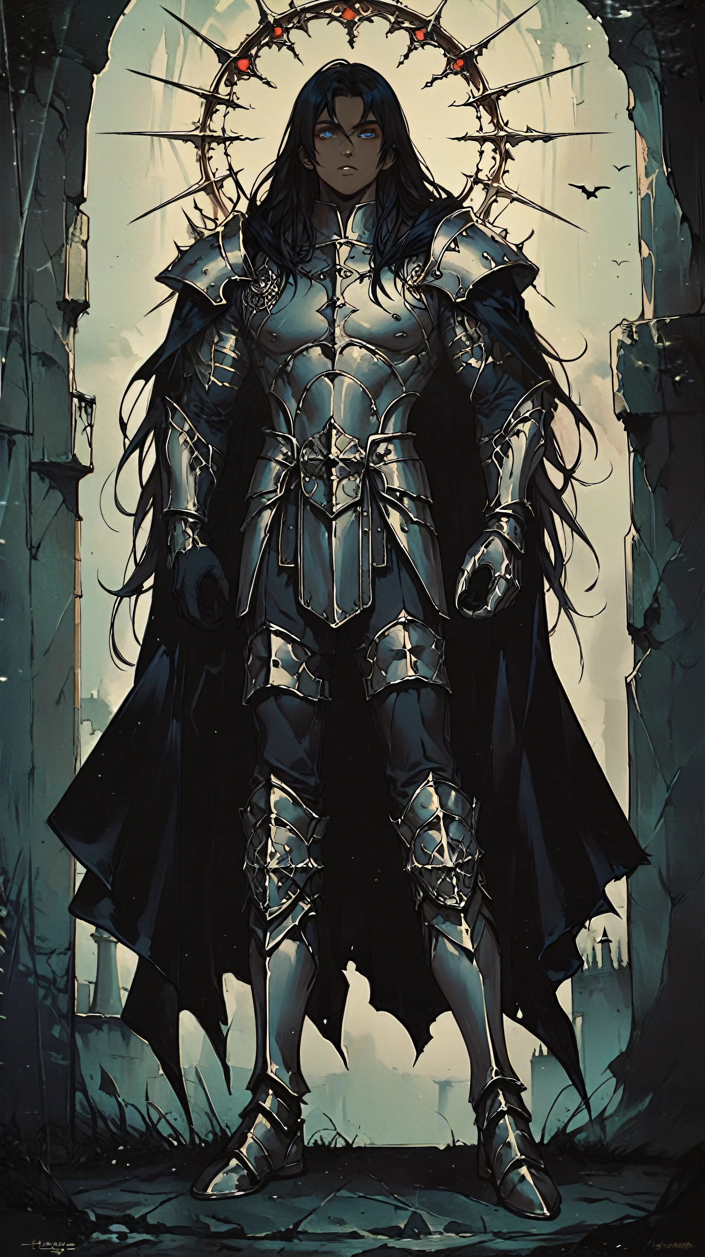 Man, yelow Eyes,Dark skin,Black long hair,full body black armor with black hair on the shoulders, Dark armor breastplate, tattered black cloak, clawed gloves, full body, dark castle