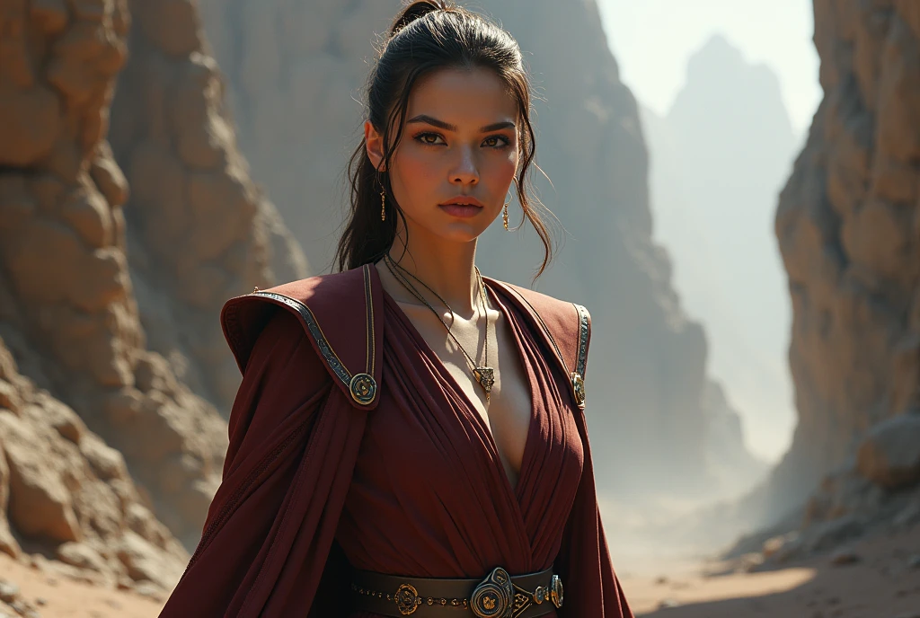 Sith Rey Skywalker, red eyes, wears a red mini dress with a cleavage, exposed vagina, in sith ruins near a river, dinamic pose, fighting pose, behind there is a robot, orgasm face, upskirt, without panties, at night, mid shot