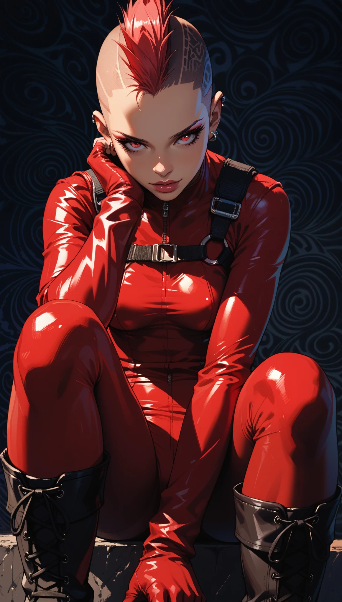 score_9, score_8_up, score_7_up, score_6_up, dark theme，sinozick style sketch 
1girl，mohawk，flattop，Red over-the-knee boots，bodysuit，sitting，(Detailed background:1.6), (Leanning forward, Depth perspective:1.4), Dutch angle,