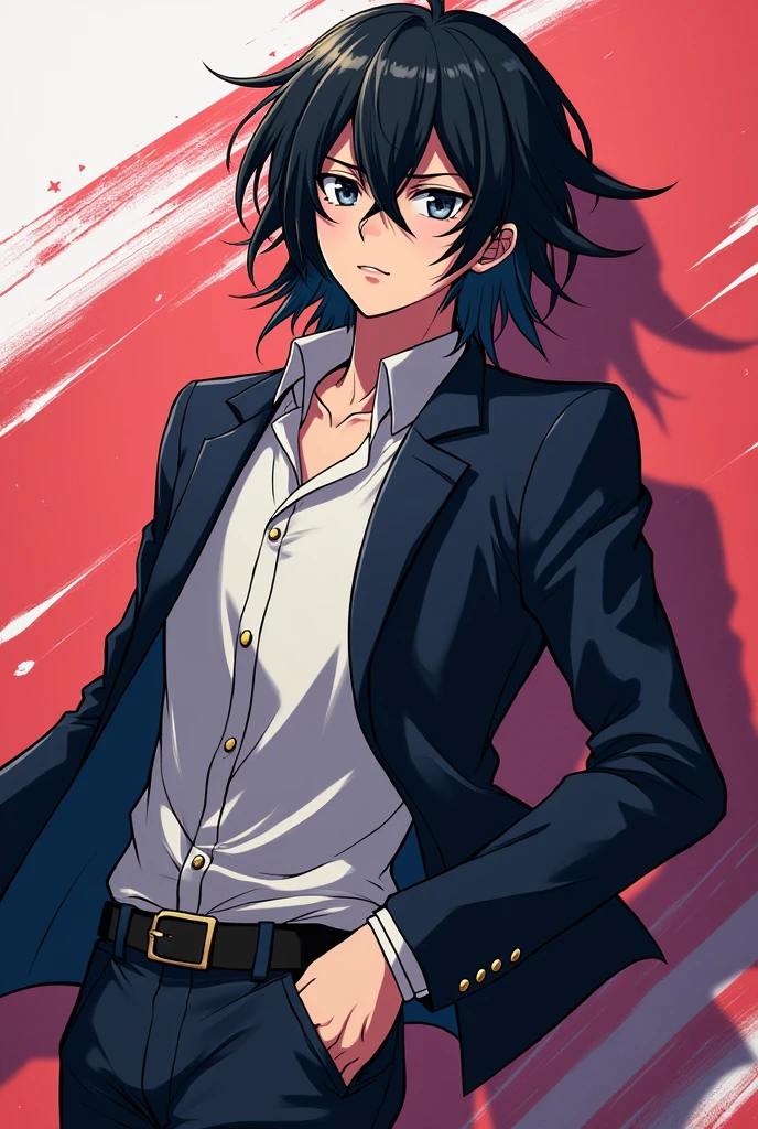 A popular male delinquent student, shoulder length black hair, black eyes with a lazy, sleepy look. anime dash