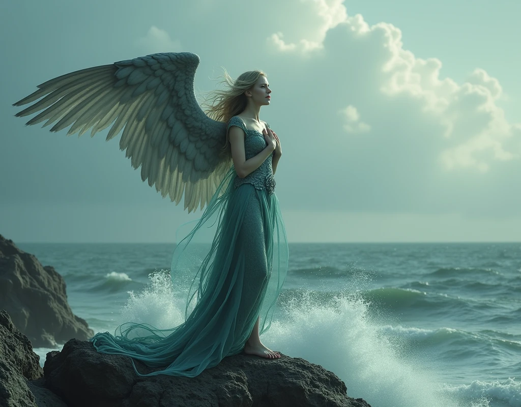 (masterpiece, Highest quality), Siren, Lower body is a bird, Female with a human upper body, Wings on your back, A sad expression, Ocean, Sitting on a rock and singing, Open your mouth wide, Raise your right hand to the sky, left hand is placed on the chest, (Watching the audience), storm, 船がOceanに沈没している